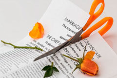 ¿Cómo funciona el divorcio express? Una tijera cortando un certificado de matrimonio
