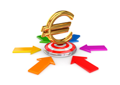 Símbolo del euro rodeado de flechas de colores