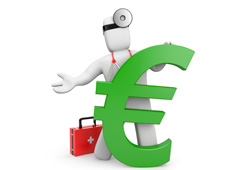 Símbolo del euro y un muñeco de médico