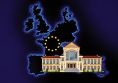 Foto de un ayuntamiento sobre un mapa de Europa