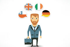 La certificación lingüística en los procesos de admisión en la Administración Pública Muñequito con un maletín y banderas de cuatro países