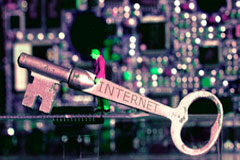 El control del uso del ordenador por el empresario Una llave antigua con la palabra internet escrita.