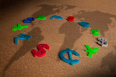 El riesgo de constitución de un establecimiento permanente en los trabajos realizados por una sociedad española en un país extranjero Mapamundi con logos de monedas de diferentes países