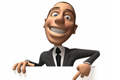 La marca eslogan en los mensajes publicitarios Un muñequito señalando una cartulina en blanco