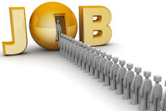 La figura de los falsos autónomos. Fraude en el mercado laboral (II) Palabra Job y unos muñecos entrando en ella