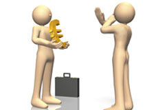 Contratos Escrow Muñeco enseñando símbolo del euro a otro