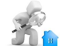 Brote de nuevos semi-trust criminales en el sector inmobiliario Un muñequito mirando con lupa una casa azul