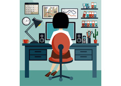 Dibujo de una mujer en su puesto de trabajo de la oficina