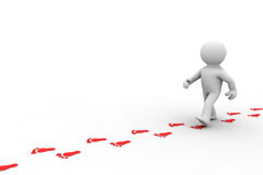 Pasos a dar para instaurar el contrato para la formación en nuestra empresa Un muñequico siguiendo el camino que han dejado marcado con huellas rojas