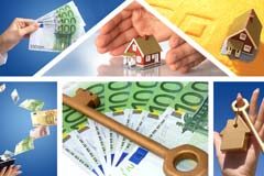 ¿Cómo afecta la reforma de la Ley Hipotecaria a los desahucios? Una foto con una mano con billetes de 100 euros, otra foto unas manos protegiendo una casa, otra la figura de una casa, de una cartera saliendo billetes de euro, billetes de 100 euros y sobre ellos una llave, y otra una mano con un llavero y una llave de