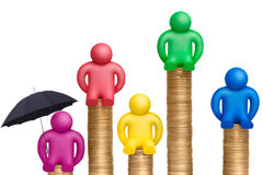 Simplificación en la constitución de Sociedades Limitadas Unos muñequitos de distintos colores y cada uno de ellos sentados sobre monedas apiladas. Y sobre el que menos monedas tiene (el de la izqda) un paraguas negro sobre él