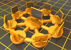 Un circulo formado por ordenadores amarillos con uno central.