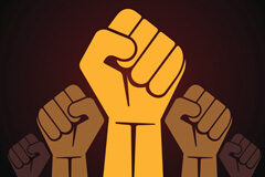 La obtención de información por policías jueces y médicos Dibujo de varios puños en alto