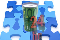 Nuevo procedimiento rápido y económico para constituir sociedades limitadas con capital de hasta 3.100 euros Un puzzle que las fichas son azules con una corbata, encima una hucha con un billete de 100 euros y al lado pone'24 hr'