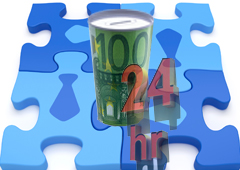 Un puzzle que las fichas son azules con una corbata, encima una hucha con un billete de 100 euros y al lado pone'24 hr'