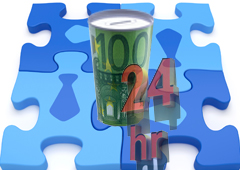 Un puzzle que las fichas son azules con una corbata, encima una hucha con un billete de 100 euros y al lado pone'24 hr' Un puzzle que las fichas son azules con una corbata, encima una hucha con un billete de 100 euros y al lado pone'24 hr'
