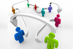 Aspectos legales de una fusión de redes sociales Muñequitos de distintos colores y unidos por flechas grises