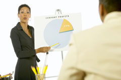 Responsabilidad Penal de la Empresa (II). Criterios de imputación Una mujer explica un gráfico a un hombre.