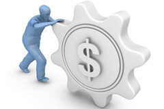 La retribución flexible como solución a la “congelación” salarial Un muñequito azul empujando una rueda dentada que tiene el centro el símbolo del dinero