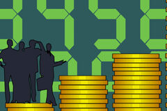 Aprobado el proyecto de reforma de la Ley Concursal Las siluetas de unas personas y simulando un gráfico con monedas apiladas en cada fila