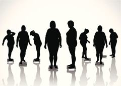 Siluetas de personas obesas subidas en una báscula