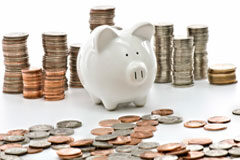 Proyecto de reforma del sistema de pensiones: ¿La solución definitiva a nuestro problema? Una hucha de cerdito rodeada de monedas.