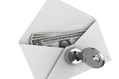 Análisis de la Reforma del Régimen Sancionador de la LOPD Un sobre con cerradura y llave que lleva dentro dinero (billetes de dólar)