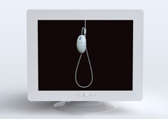 En la pantalla se ve una soga de ahorcar formada por cable y un ratón de ordenador En la pantalla se ve una soga de ahorcar formada por cable y un ratón de ordenador